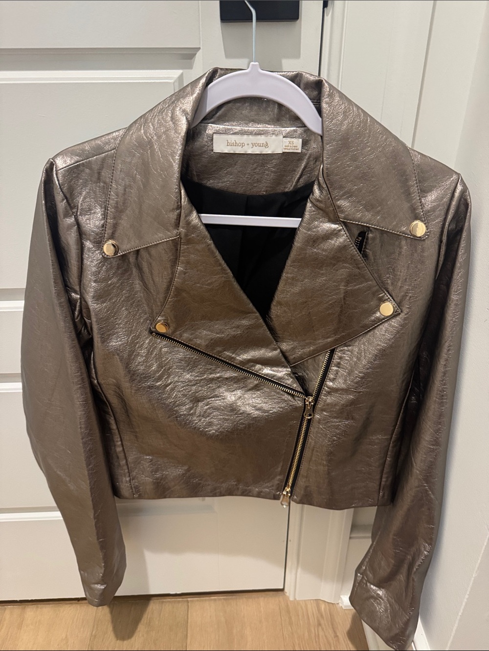 Bishop + Young Metallic Taupe Cropped Moto Jacket XS